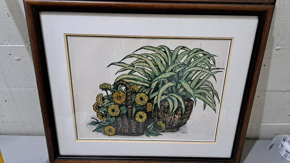 Ida Pellei Signed Framed Botanical Print, Wicker Baskets With Yellow Flowers: 20x24x2 5 attention – shipping artwork is very expensive. The shipping price shown in the listing is the liveshipping service by liveauctioneers. We offer our own in-house shipping as well which