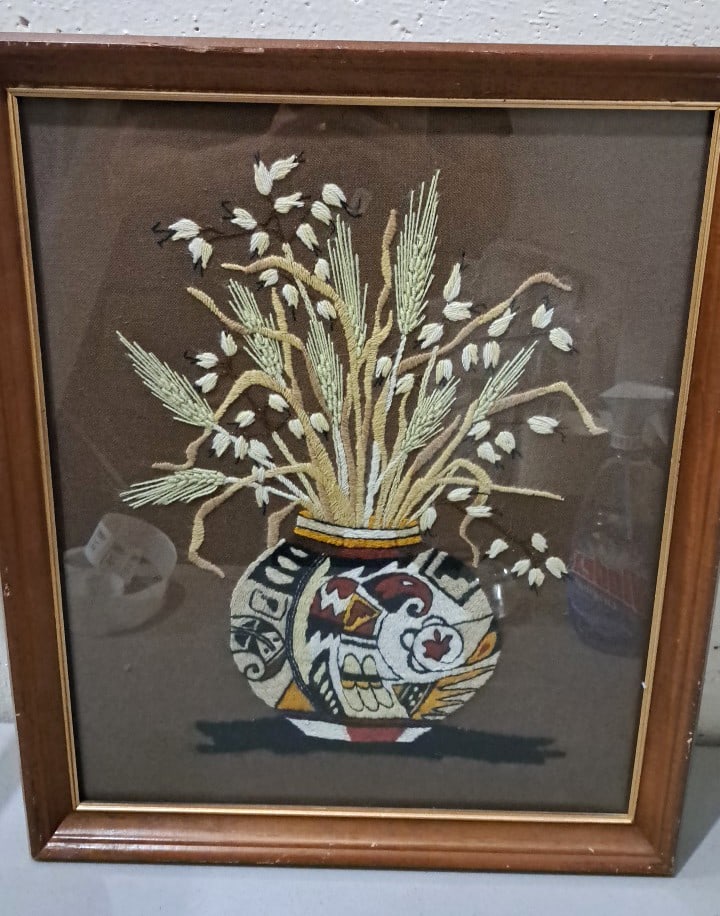 Framed Embroidered Textile Art Vase With Wheat And Floral Design Wood Frame: 24x18x2 5 attention – shipping artwork is very expensive. The shipping price shown in the listing is the liveshipping service by liveauctioneers. We offer our own in-house shipping as well which