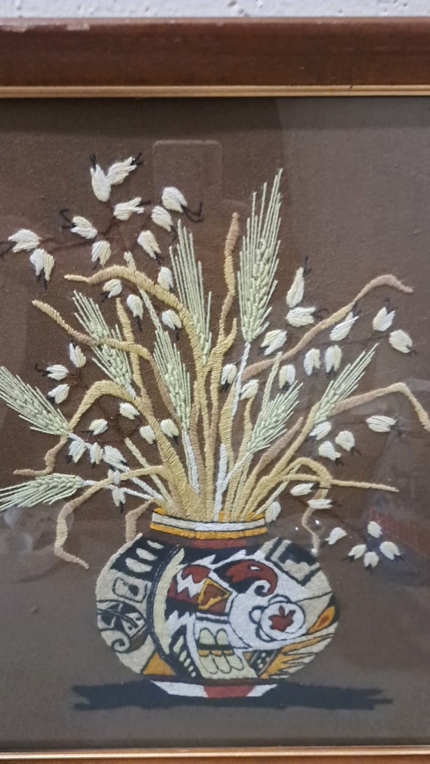 Framed Embroidered Textile Art Vase With Wheat And Floral Design Wood Frame - 2