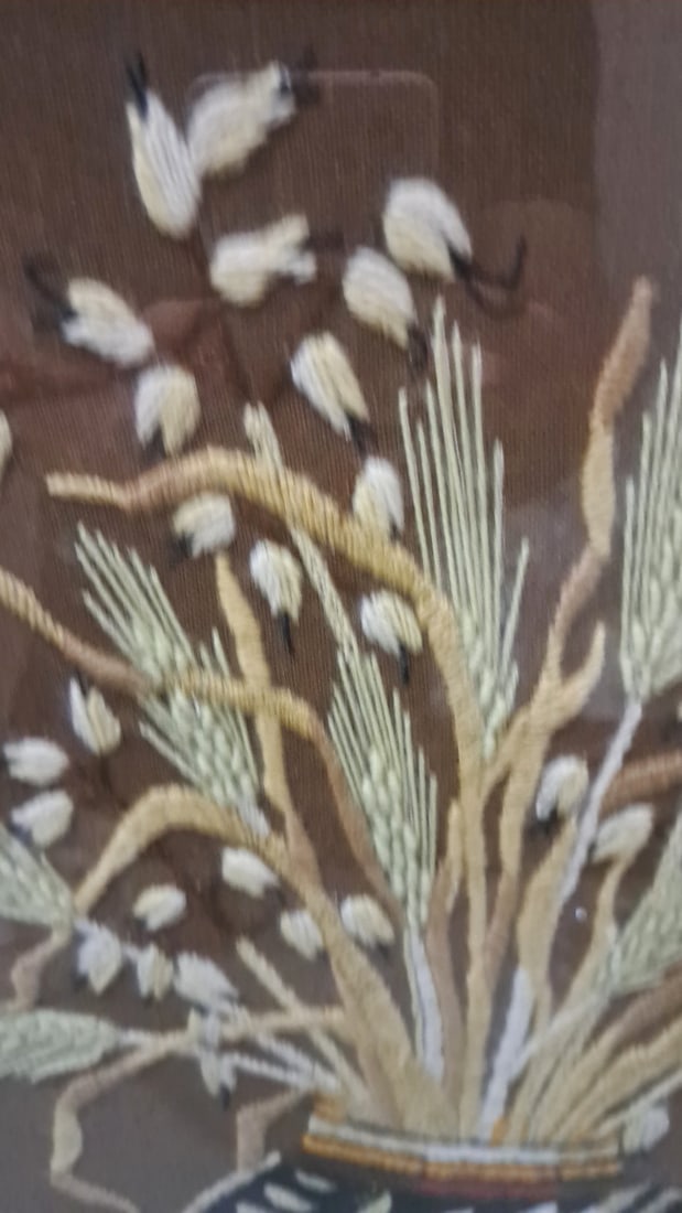 Framed Embroidered Textile Art Vase With Wheat And Floral Design Wood Frame - 3