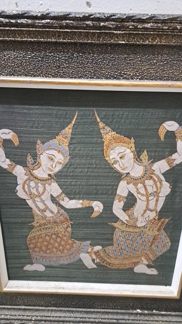Framed Thai Classical Dancers Textile Artwork, Black Gold Frame - 2
