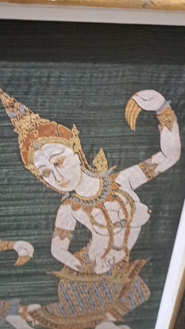 Framed Thai Classical Dancers Textile Artwork, Black Gold Frame - 4