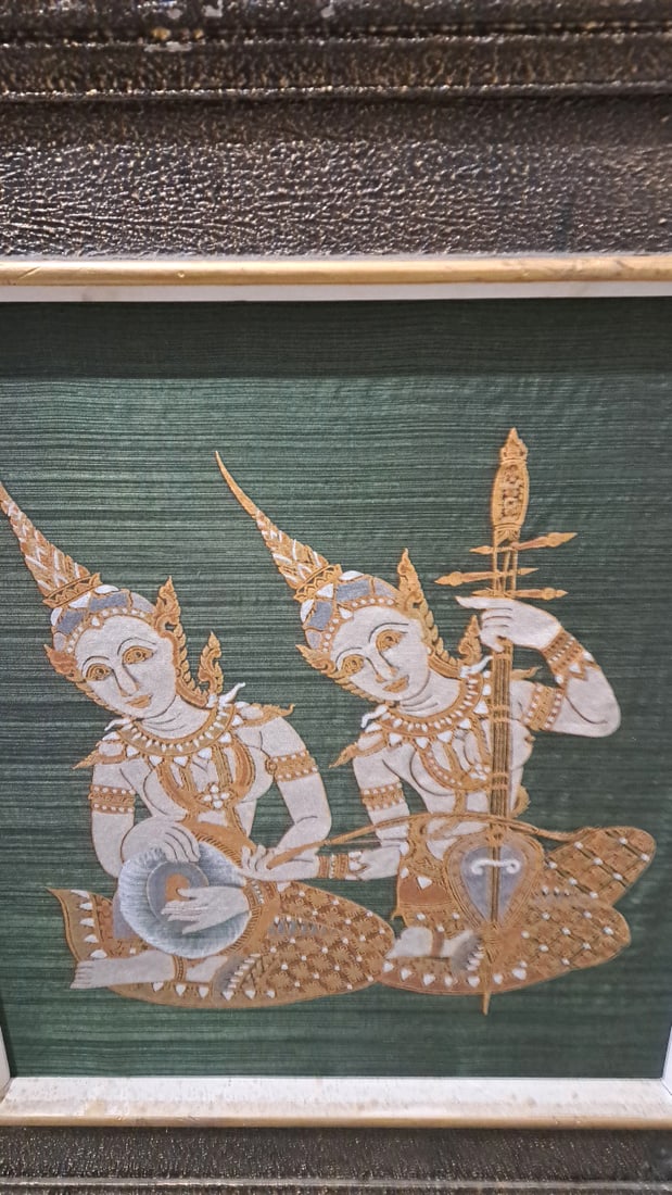 Framed Thai Silk Textile Art, Gold And White Musicians On Green Background - 2