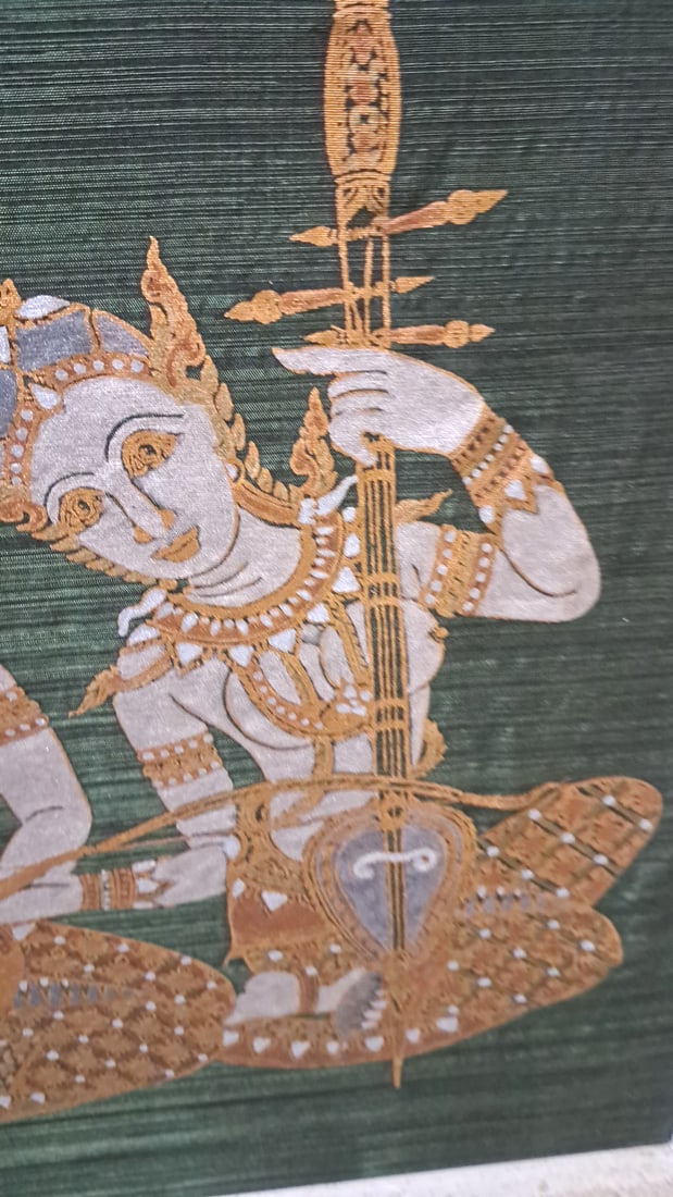 Framed Thai Silk Textile Art, Gold And White Musicians On Green Background - 3