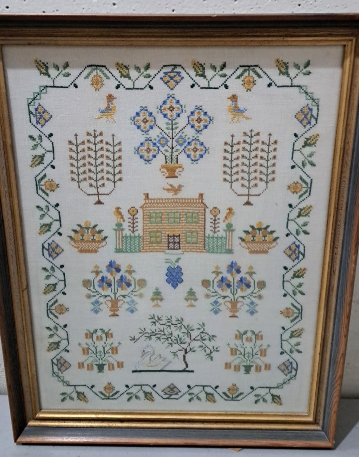 Framed Folk Art Cross Stitch Sampler With House, Birds And Floral Border: 20x26x2 5 attention – shipping artwork is very expensive. The shipping price shown in the listing is the liveshipping service by liveauctioneers. We offer our own in-house shipping as well which