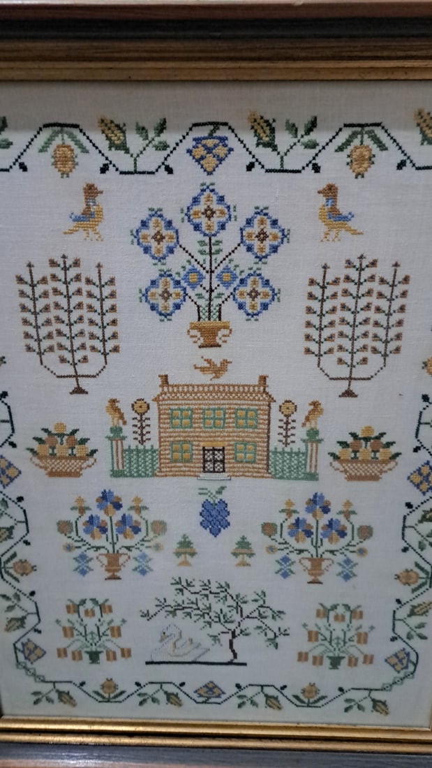 Framed Folk Art Cross Stitch Sampler With House, Birds And Floral Border - 2