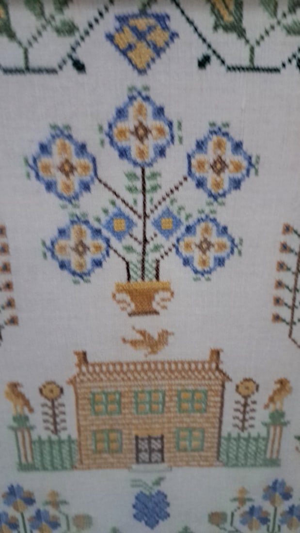 Framed Folk Art Cross Stitch Sampler With House, Birds And Floral Border - 3