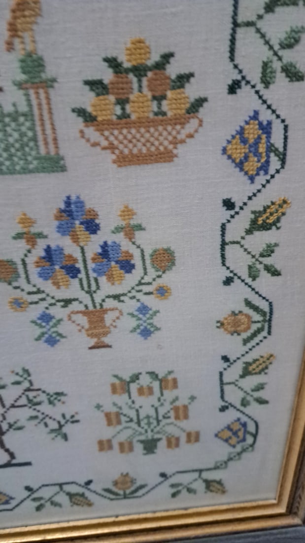 Framed Folk Art Cross Stitch Sampler With House, Birds And Floral Border - 4