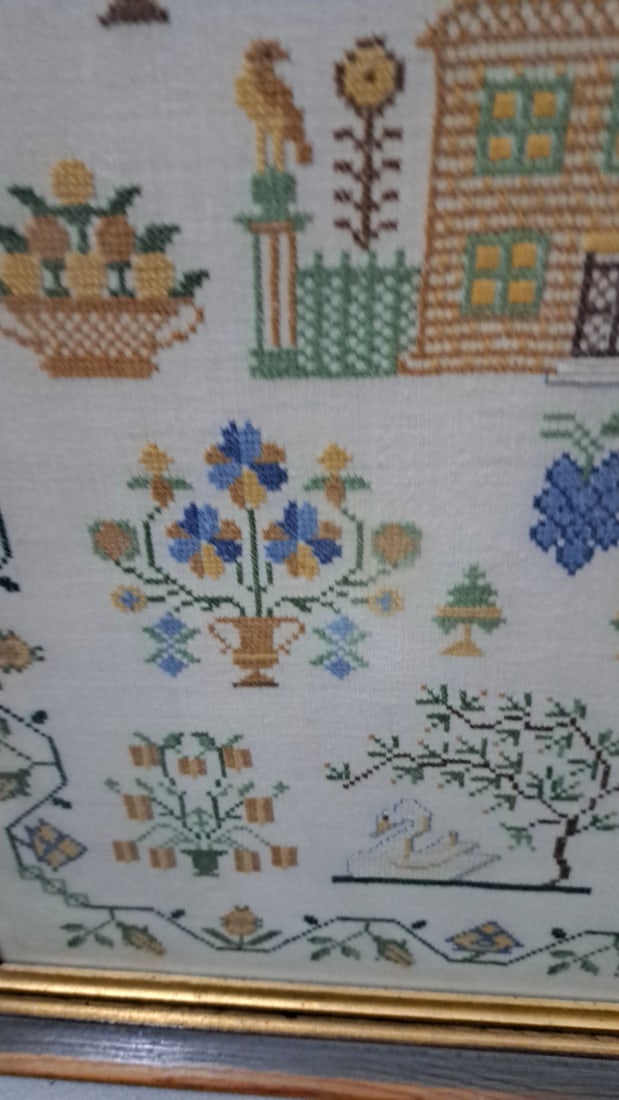 Framed Folk Art Cross Stitch Sampler With House, Birds And Floral Border - 5