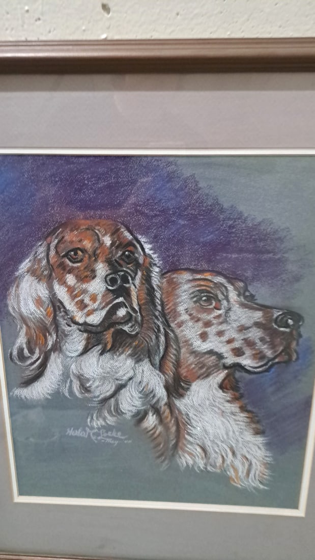 Framed Signed Pastel Portrait Of Two Setter Dogs - 2