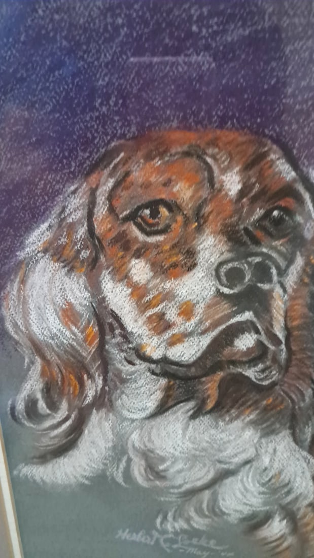 Framed Signed Pastel Portrait Of Two Setter Dogs - 3