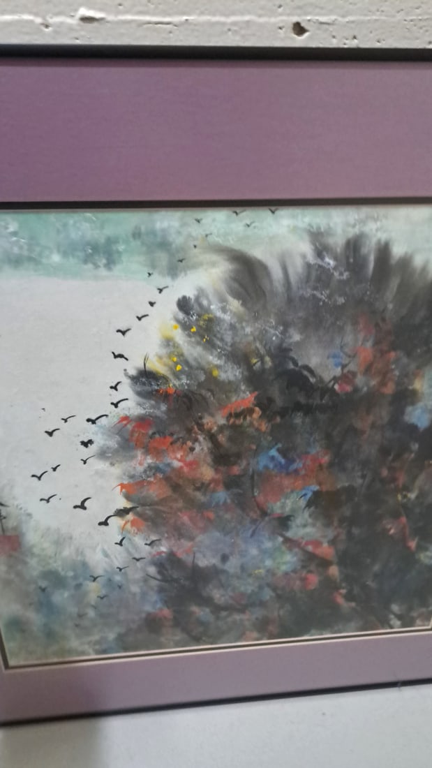 Yongqun Guo Original Art Framed Asian Bird Landscape Artwork Purple Mat - 5