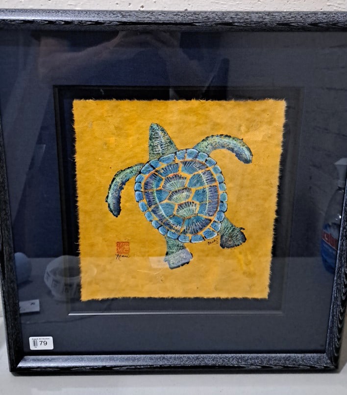 Carrie Lee Brady Framed Signed Blue Sea Turtle Artwork On Yellow Handmade Paper: 22x24x3 5 attention – shipping artwork is very expensive. The shipping price shown in the listing is the liveshipping service by liveauctioneers. We offer our own in-house shipping as well which