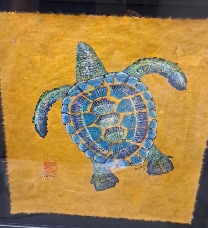 Carrie Lee Brady Framed Signed Blue Sea Turtle Artwork On Yellow Handmade Paper - 2