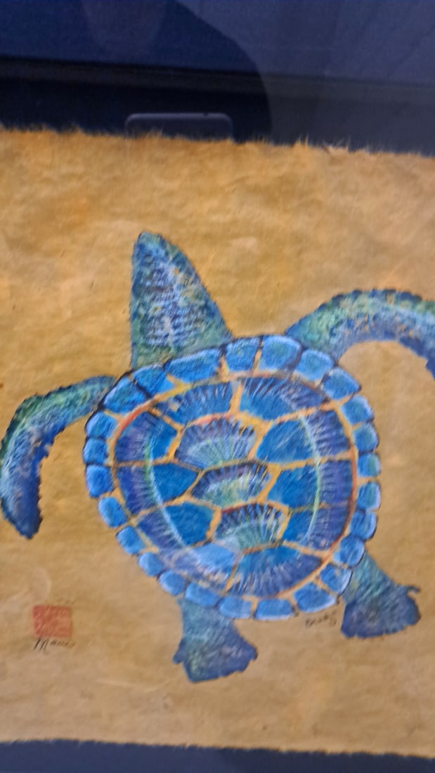 Carrie Lee Brady Framed Signed Blue Sea Turtle Artwork On Yellow Handmade Paper - 4