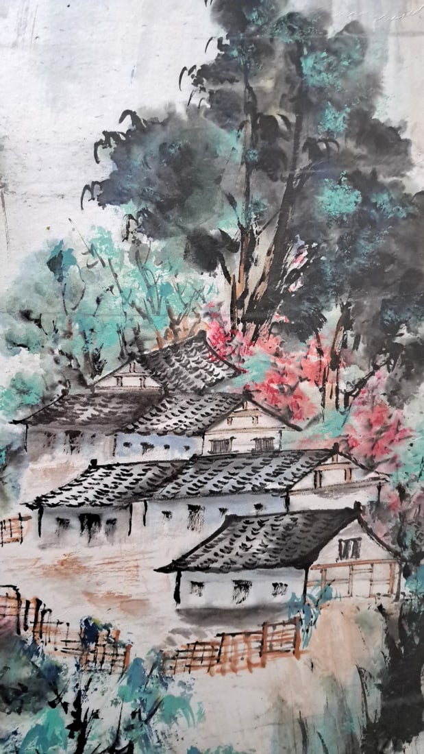 Yongqun Guo Original Chinese Ink Watercolor Landscape Painting, Mountain Village, 59 In Tall - 4