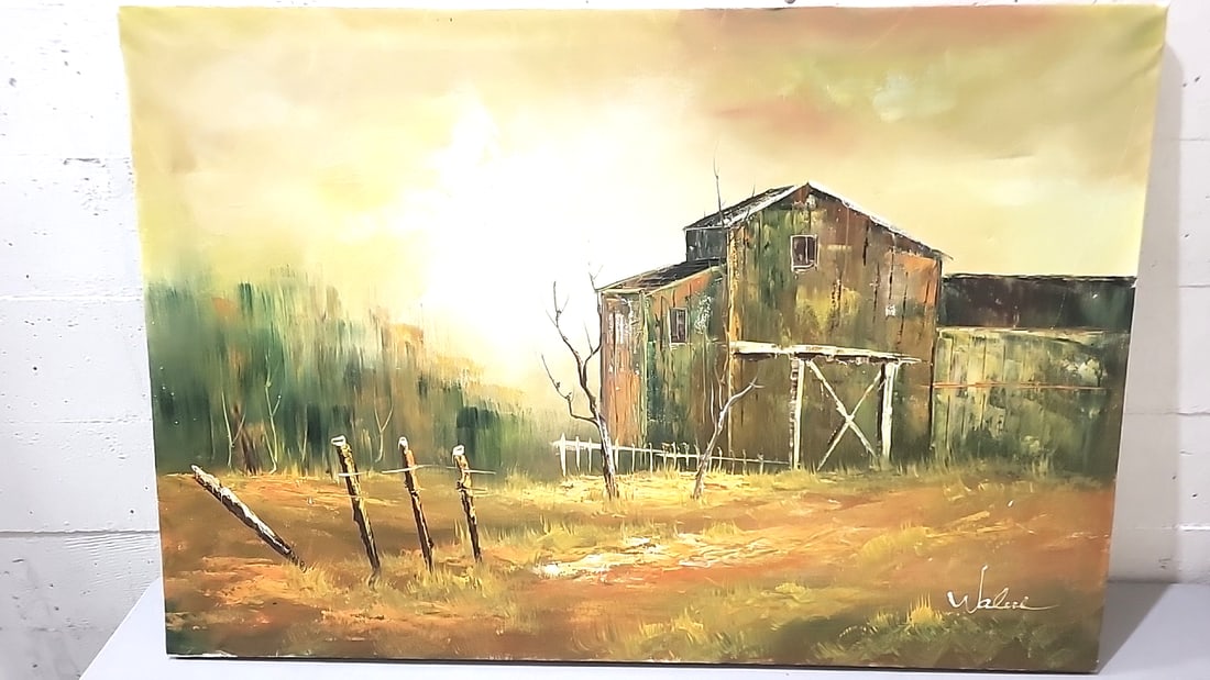 Signed Rustic Barn Landscape Oil Painting On Canvas, Farm Fence Scene: Good24x36x1 - 2 lbs attention – shipping artwork is very expensive. The shipping price shown in the listing is the liveshipping service by liveauctioneers. We offer our own in-house shipping as 