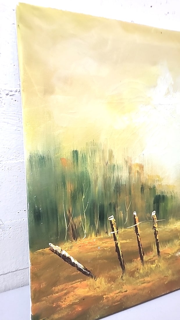 Signed Rustic Barn Landscape Oil Painting On Canvas, Farm Fence Scene - 3