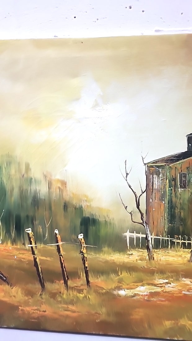 Signed Rustic Barn Landscape Oil Painting On Canvas, Farm Fence Scene - 4