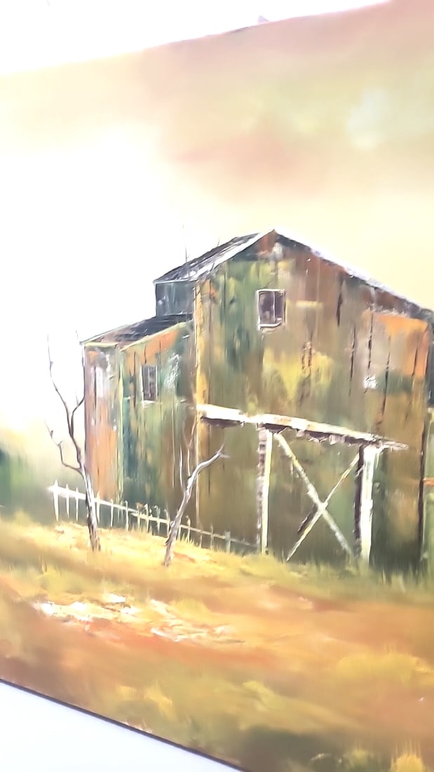 Signed Rustic Barn Landscape Oil Painting On Canvas, Farm Fence Scene - 5