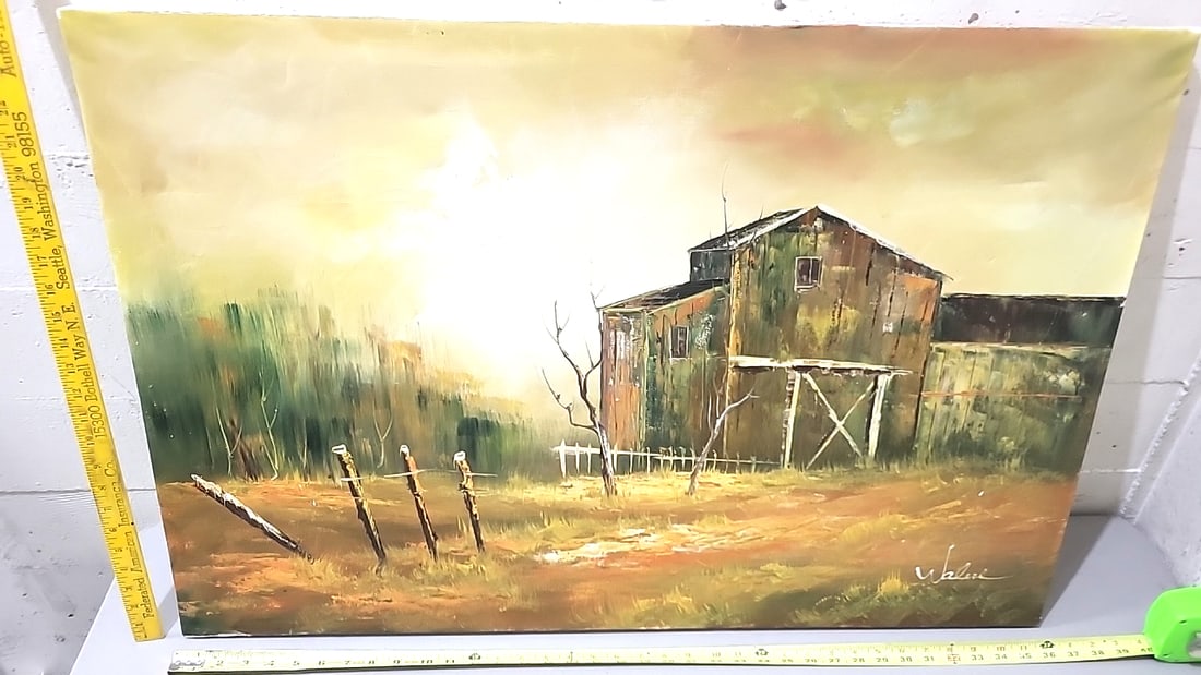 Signed Rustic Barn Landscape Oil Painting On Canvas, Farm Fence Scene - 7