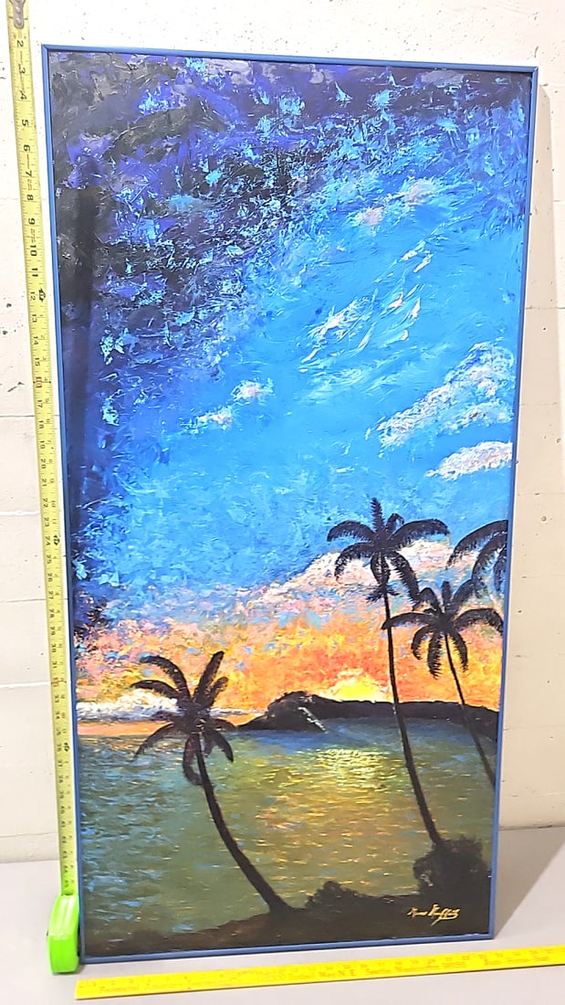 Signed Tropical Sunset Palm Tree Seascape Painting, Blue Framed - 10