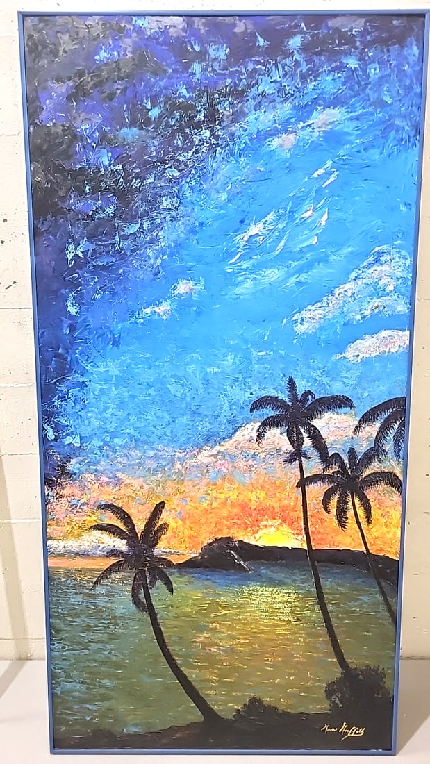 Signed Tropical Sunset Palm Tree Seascape Painting, Blue Framed: Nice48x24x1 - 4 lbs attention – shipping artwork is very expensive. The shipping price shown in the listing is the liveshipping service by liveauctioneers. We offer our own in-house shipping as