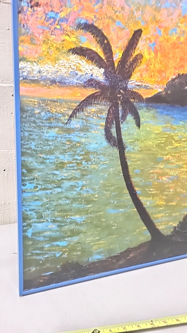 Signed Tropical Sunset Palm Tree Seascape Painting, Blue Framed - 3