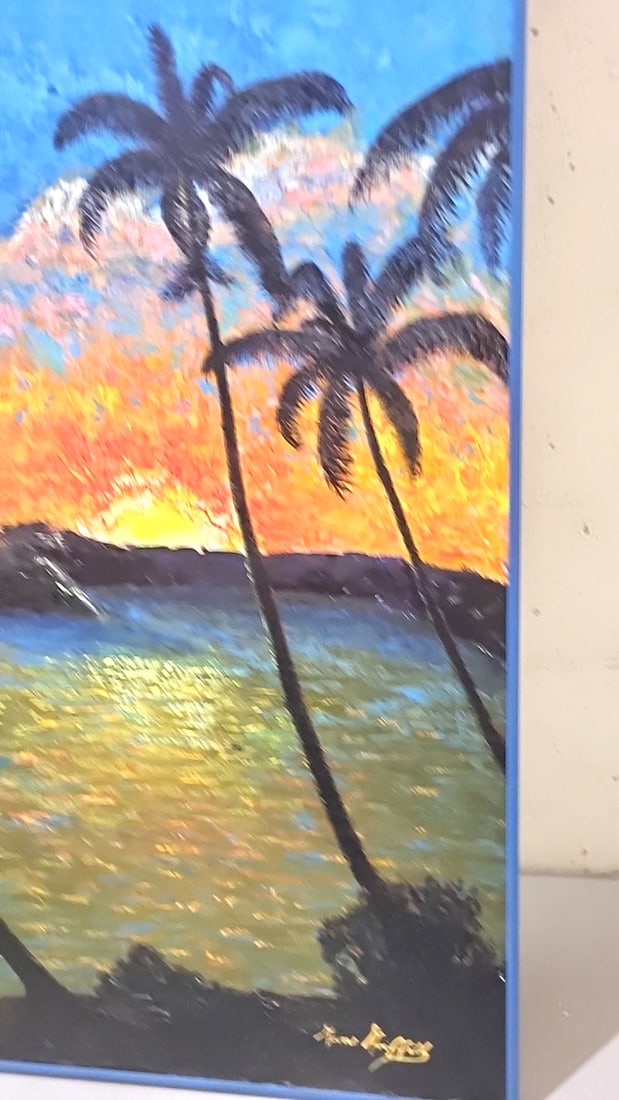 Signed Tropical Sunset Palm Tree Seascape Painting, Blue Framed - 4