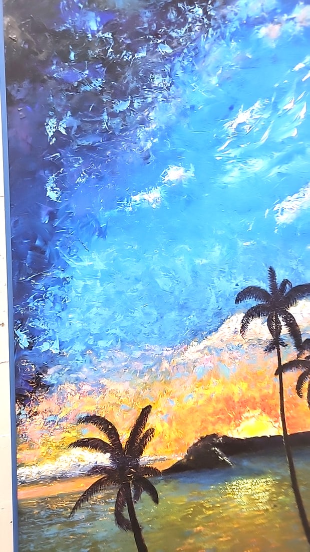 Signed Tropical Sunset Palm Tree Seascape Painting, Blue Framed - 5