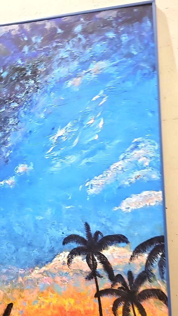 Signed Tropical Sunset Palm Tree Seascape Painting, Blue Framed - 6