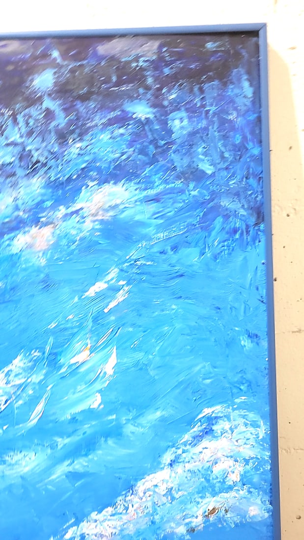 Signed Tropical Sunset Palm Tree Seascape Painting, Blue Framed - 8