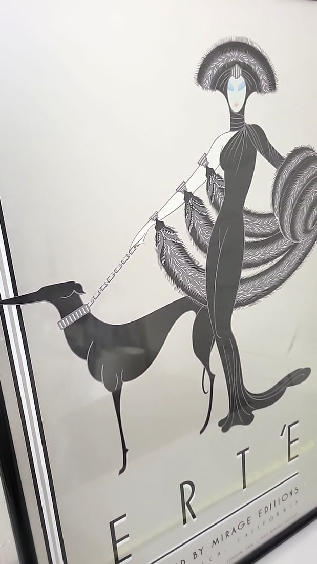 Ert Mirage Editions 1980 Metal Framed Art Deco Poster Woman With Dog Glass Front - 3