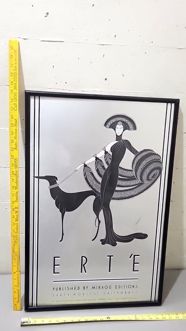 Ert Mirage Editions 1980 Metal Framed Art Deco Poster Woman With Dog Glass Front - 4