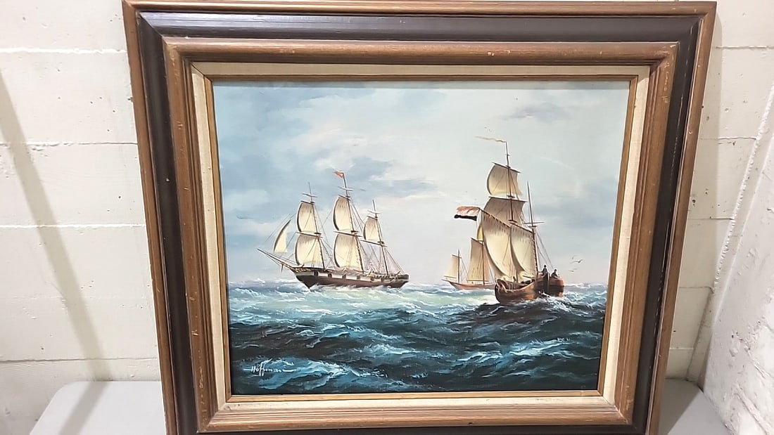 Signed Hoffman Framed Nautical Seascape Oil Painting With Sailing Ships: Good - wood frame32x28x1 - 5 lbs attention – shipping artwork is very expensive. The shipping price shown in the listing is the liveshipping service by liveauctioneers. We offer our own in-house