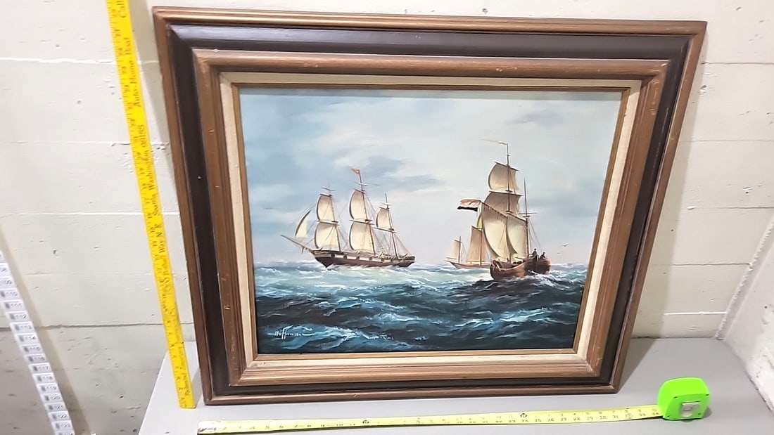 Signed Hoffman Framed Nautical Seascape Oil Painting With Sailing Ships - 5