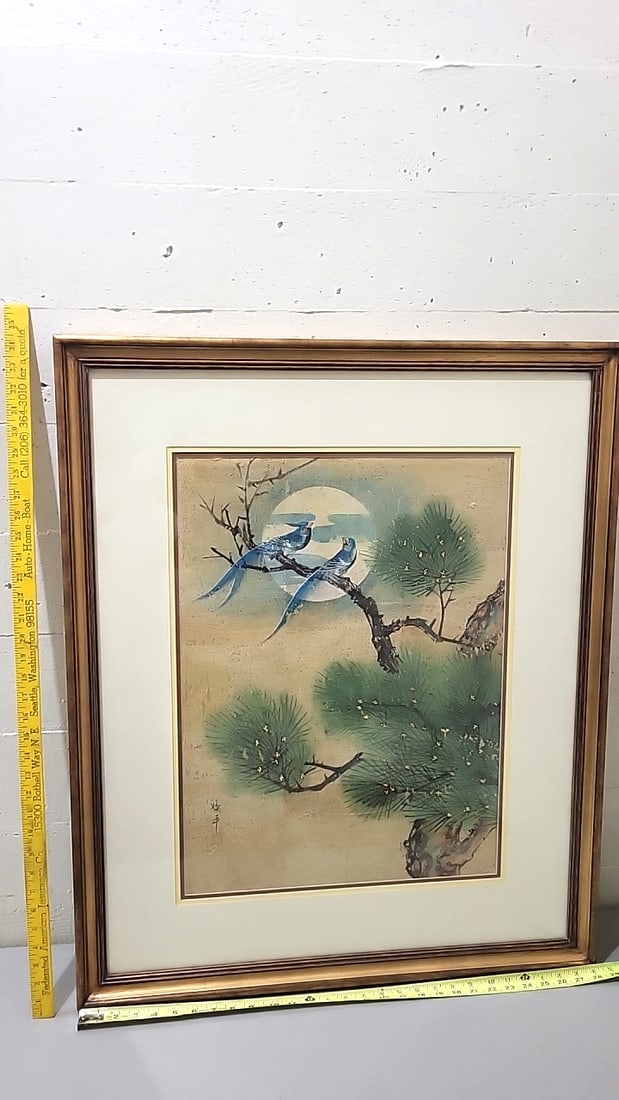 Woon Ping Untitled Signed Watercolor On Cork Framed Wood - Glass Birds Pine Artwork - 5