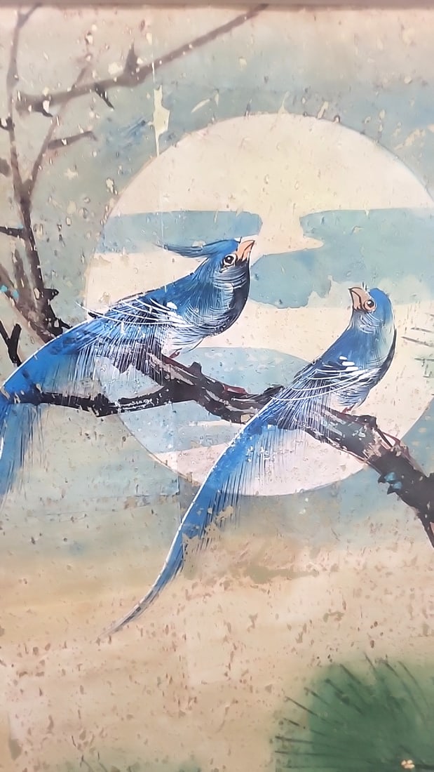 Woon Ping Untitled Signed Watercolor On Cork Framed Wood - Glass Birds Pine Artwork - 8
