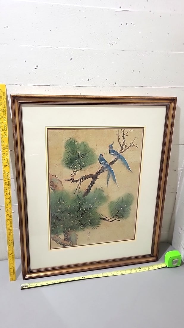Woon Ping Signed Untitled Watercolor On Cork Framed Bird & Pine Artwork - 5