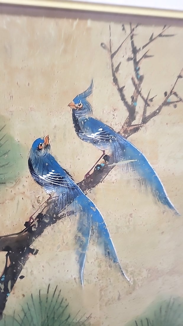 Woon Ping Signed Untitled Watercolor On Cork Framed Bird & Pine Artwork - 8
