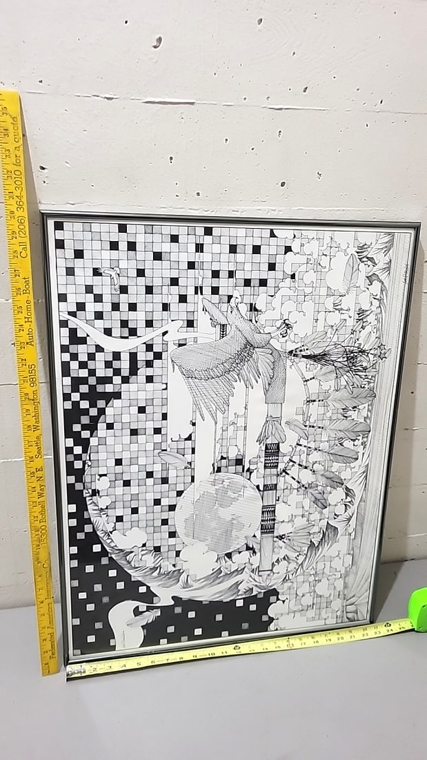 Jack R. Malone 1981 Framed Black & White Eagle Feather Art Print 25 X 19 In - 4
