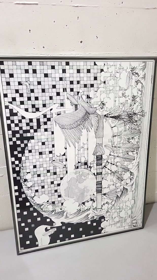 Jack R. Malone 1981 Framed Black & White Eagle Feather Art Print 25 X 19 In - 7