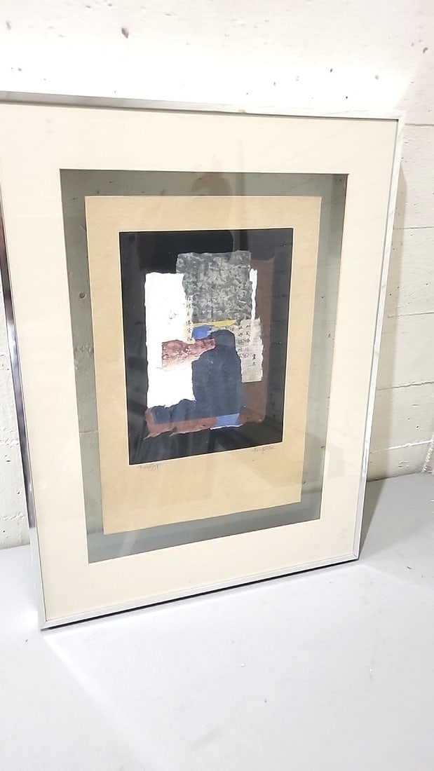 Signed Framed Abstract Mixed Media Collage Artwork With Beige Mat And Chrome Frame: Glass panels front and back with a metal frame26x20x2 - 13 lbs attention – shipping artwork is very expensive. The shipping price shown in the listing is the liveshipping service by