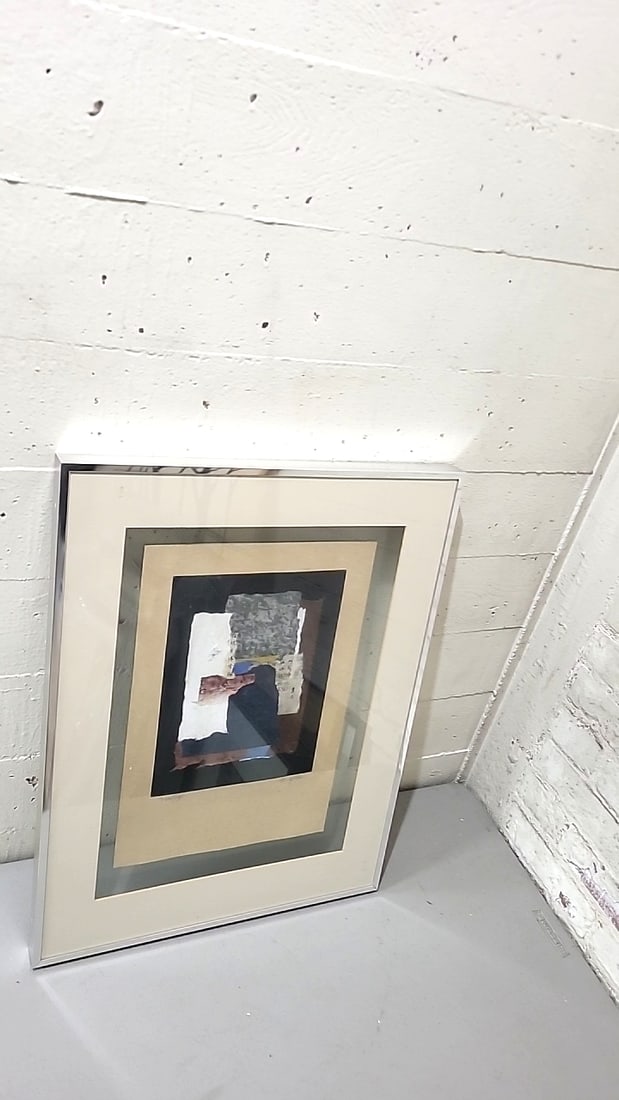 Signed Framed Abstract Mixed Media Collage Artwork With Beige Mat And Chrome Frame - 4