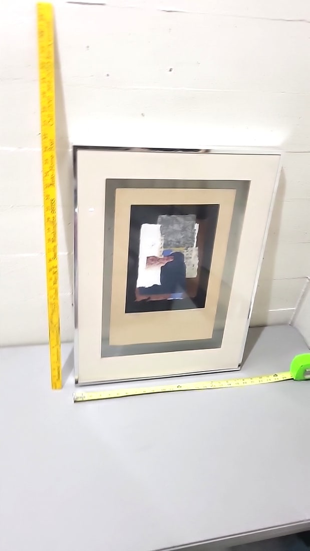 Signed Framed Abstract Mixed Media Collage Artwork With Beige Mat And Chrome Frame - 5