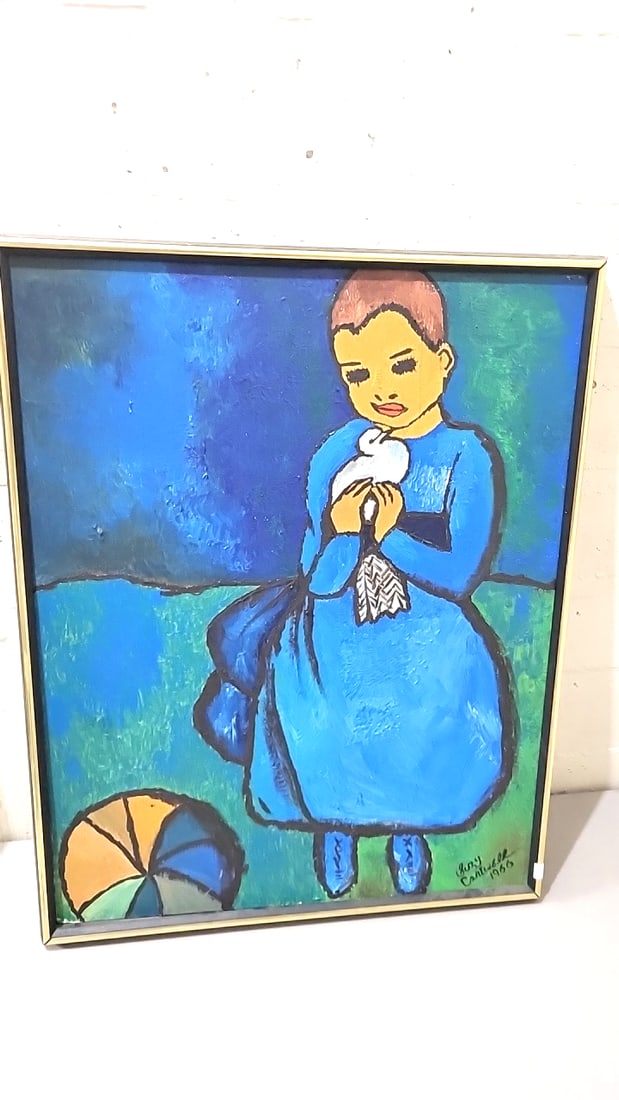 G. Cantwell Signed 1966 Framed Painting Of Girl In Blue Dress, Approx. 24 X 31 In: Good, small rips in wrapping paper29x23x1 - 6 lbs attention – shipping artwork is very expensive. The shipping price shown in the listing is the liveshipping service by liveauctioneers. We