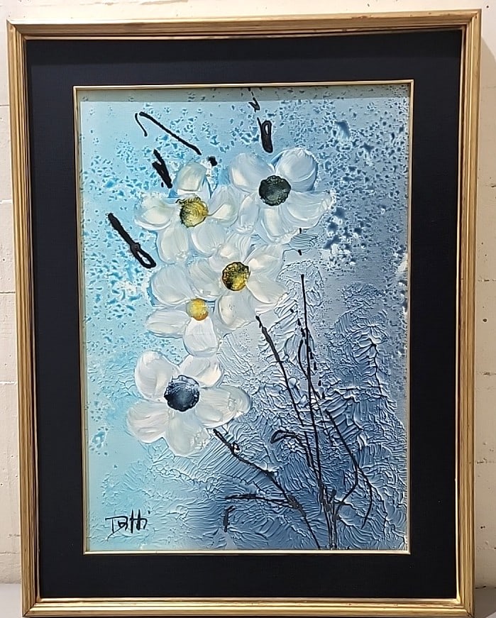 Signed Toth Textured Floral Painting, White Flowers On Blue, Gold Frame: 26x34x2 5lb attention – shipping artwork is very expensive. The shipping price shown in the listing is the liveshipping service by liveauctioneers. We offer our own in-house shipping as well whi