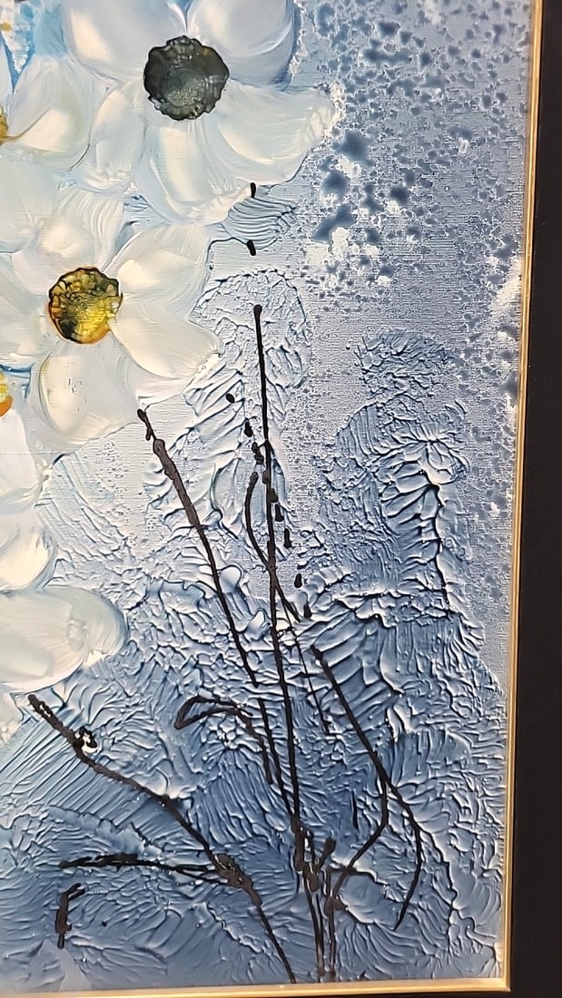 Signed Toth Textured Floral Painting, White Flowers On Blue, Gold Frame - 3