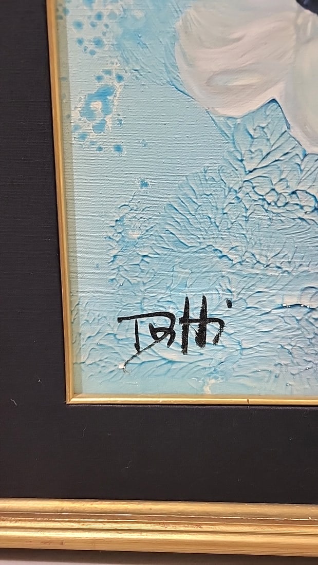 Signed Toth Textured Floral Painting, White Flowers On Blue, Gold Frame - 4