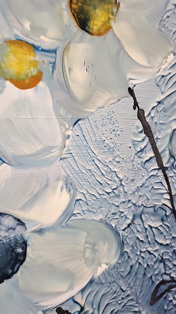 Signed Toth Textured Floral Painting, White Flowers On Blue, Gold Frame - 5